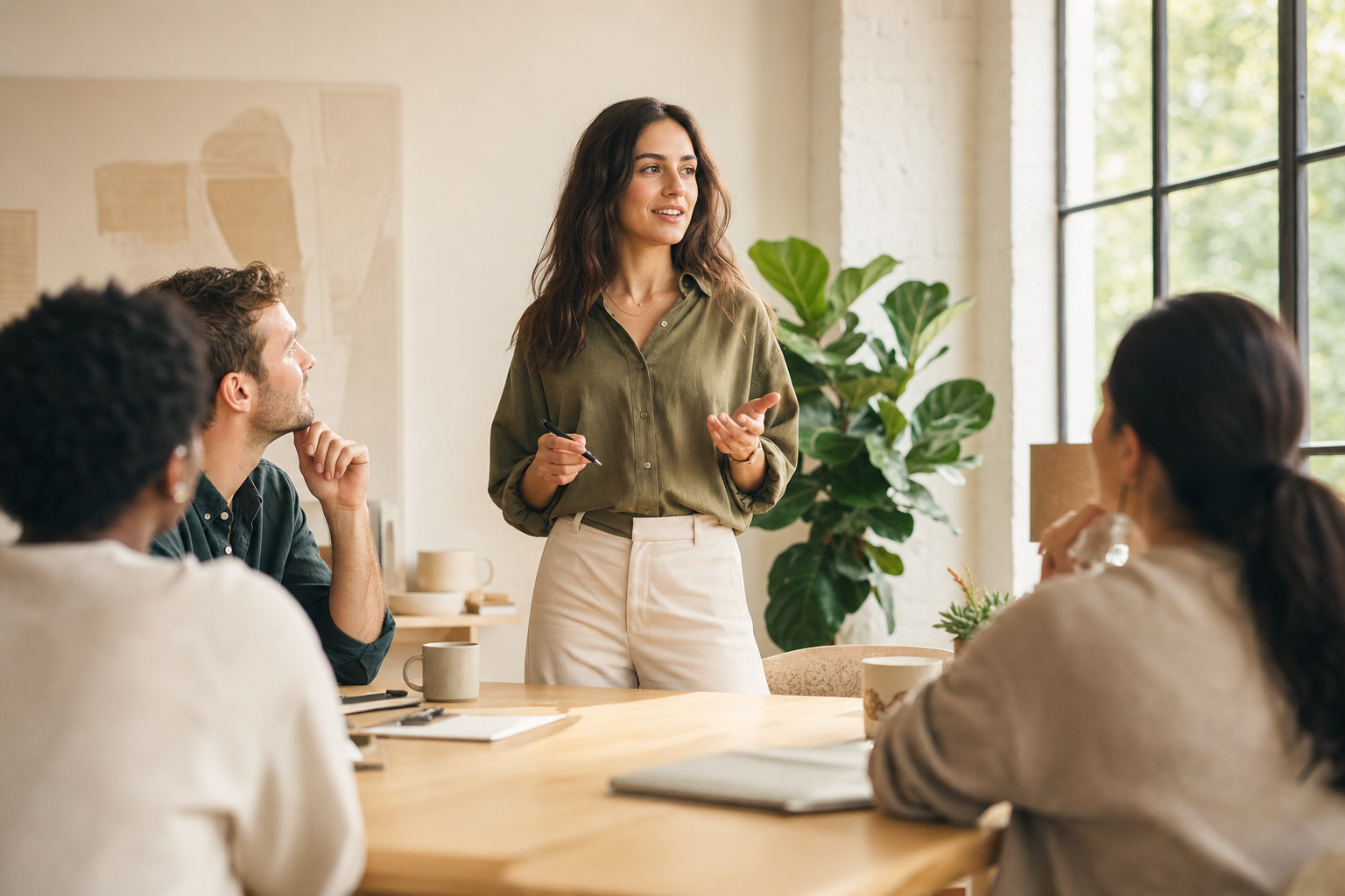 Founder presenting to a team in a modern workspace